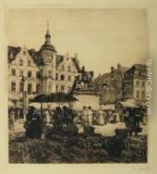 Dusseldorfer Marktplatz Mit 
Rathaus Und Dem Reiterstandbild Des Kurfursten Johann Wilhelm Oil Painting - Heinrich Hermanns