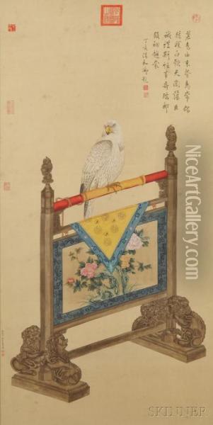 Depicting An Eagle Standing On A Screen Painted With Flowers Oil Painting - Lang Shih-Ning