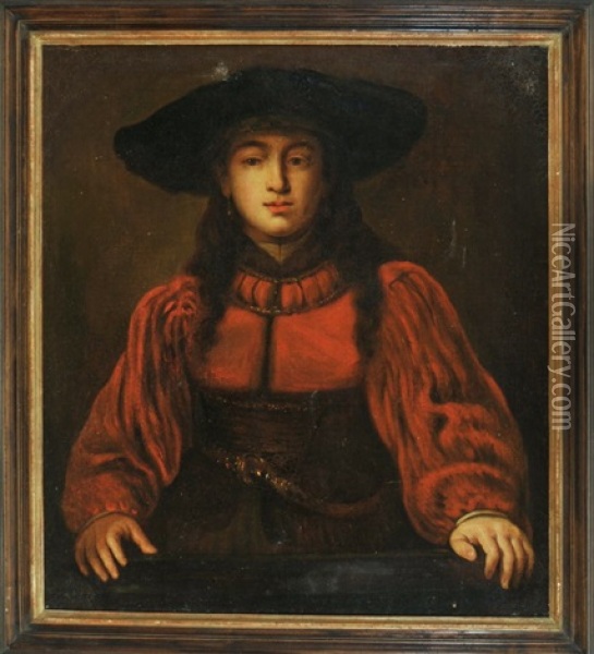 Junge Dame Im Roten Kleid Mit Grosem Hut (after Rembrandt) Oil Painting - Juergen Ovens
