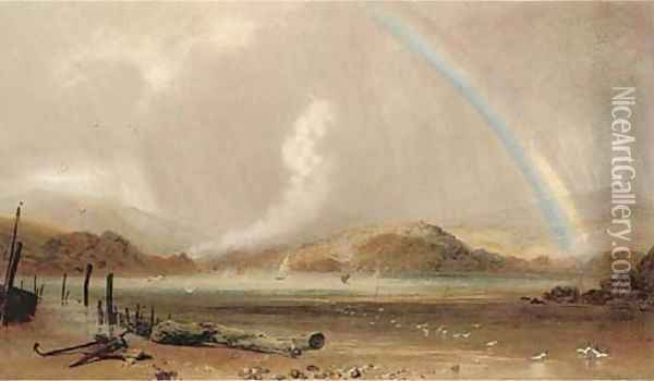 A rainbow over a Welsh estuary, a squall approaching Oil Painting - Peter de Wint