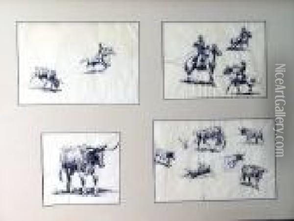 Studies Of Cowboys And Steers (a Group Of Four) Oil Painting - John Edward Borein
