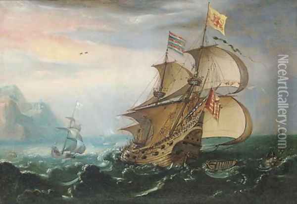 A Dutch man-o'-war and other shipping in choppy seas Oil Painting - Hendrik Cornelisz. Vroom