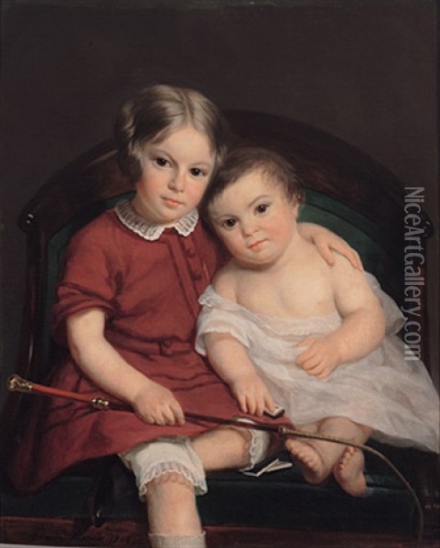 Reizendes Portrait Zweier Kinder Auf Einem Armlehnstuhl, Ausdrucksvoll Charakterisiert Oil Painting - Louise-Adelaide Desnos
