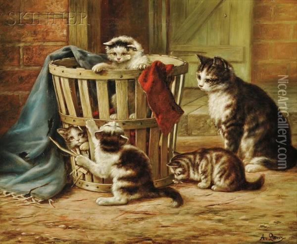 Cat And Playful Kittens Oil Painting - August Laux