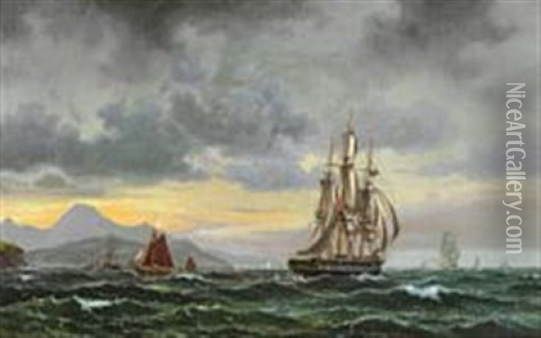 Seascape With Numerous Sailing Ships Near A Rocky Coast Oil Painting - Vilhelm Melbye
