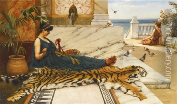The Tigerskin (sewing Girl) Oil Painting - John William Godward