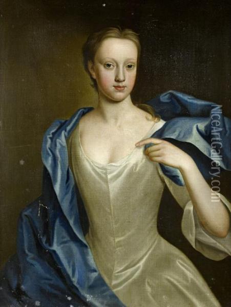 Portrait Of A Young Lady, Three-quarter-length, In A White Silk Dress And A Blue Shawl Oil Painting - Charles Jervas