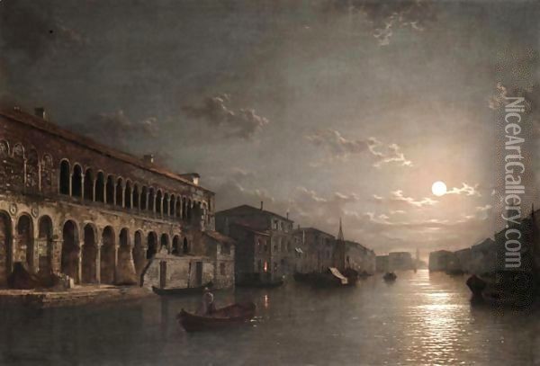 Moonlight On The Grand Canal, Venice Oil Painting - Henry Pether