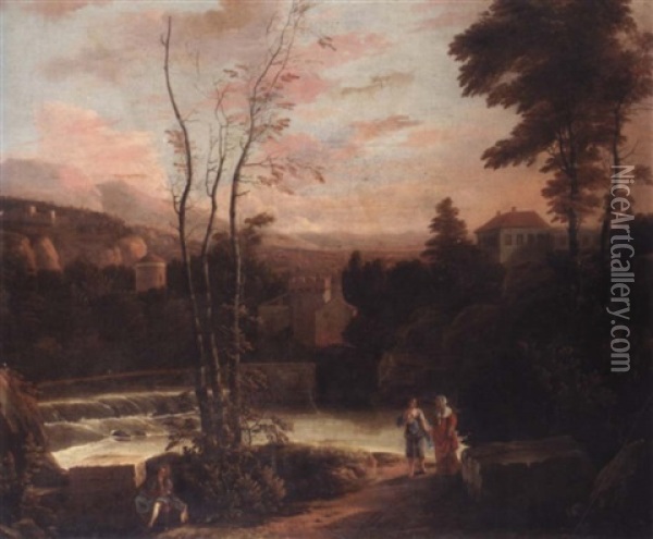 An Extensive Italianate Landscape With Two Women Walking On A Path And A Fisherman Resting On A Stone In The Foreground Oil Painting - Gerard Van Edema