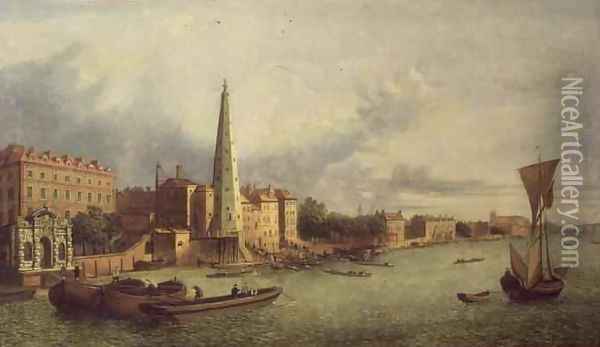 A View of the Thames near York Buildings showing the Shot Tower and Westminster Abbey Beyond, 1750 Oil Painting - John Paul