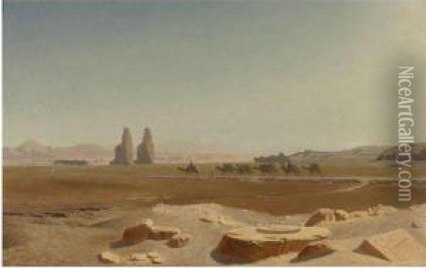 Caravan Passing The Colossi Of Memnon, Thebes Oil Painting - Jean-Leon Gerome
