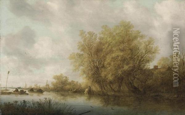 A River Landscape With Sportsmen Duck Shooting From A Boat Oil Painting - Salomon van Ruysdael