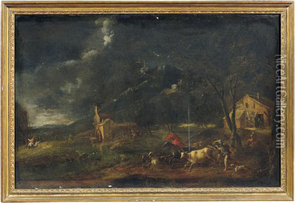 Paesaggio Tempestoso Con Figure E Armenti Oil Painting - Pieter the Younger Mulier