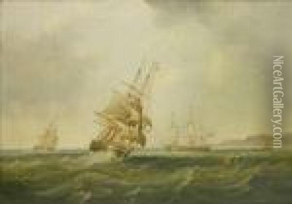 Attributed To John Wilson Carmichael 'shipping In The Estuary' Oil Painting - John Wilson Carmichael
