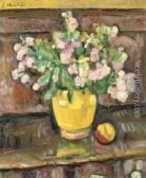 Still Life With Flowers In A Yellow Vase Oil Painting - George Leslie Hunter