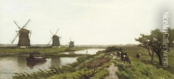 Windmills In A Polder Landscape Oil Painting - Jan Hendrik Weissenbruch