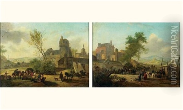 Scene De Campement Devant Un Village Fortifie (+ Another, Similar; Pair) Oil Painting - Claude Michel Hamon Duplessis