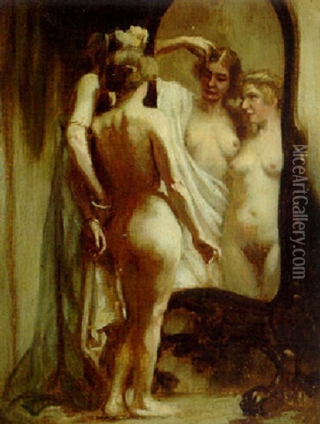 Nudes Before A Mirror Oil Painting - Rezsoe Rakssanyi