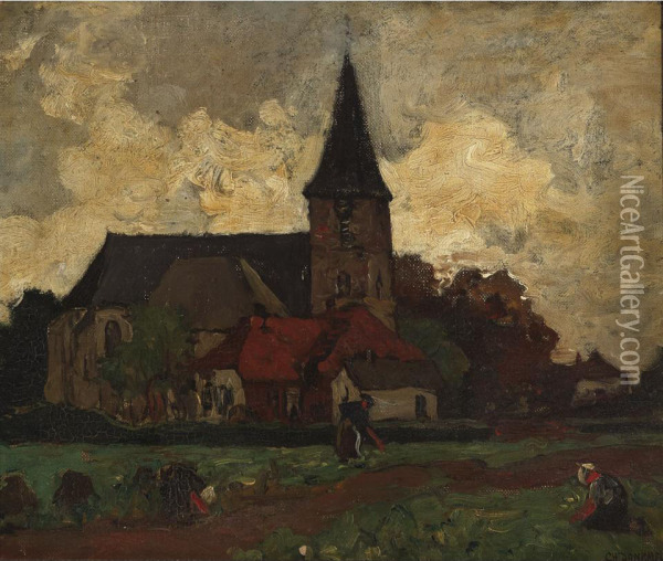 Fieldworkers Sowing And Reaping Outside A Church Oil Painting - Charles Dankmeijer