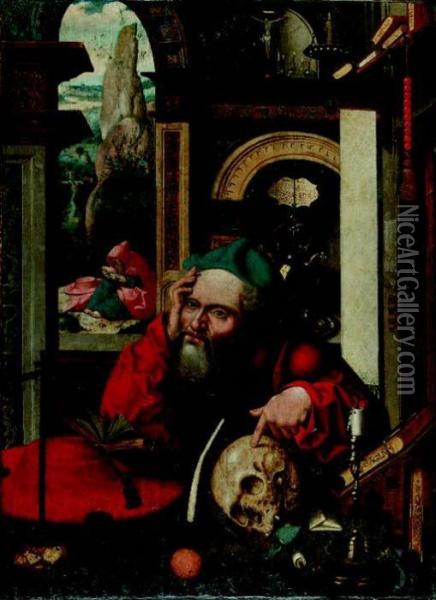 Saint Jerome In His Study, A Landscape Beyond Oil Painting - Joos Van Cleve