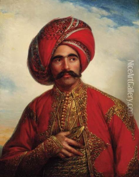 Portrait Of A Gentleman, Half-length, In Anglo-indian Costume Oil Painting - William Henry Florio Hutchisson