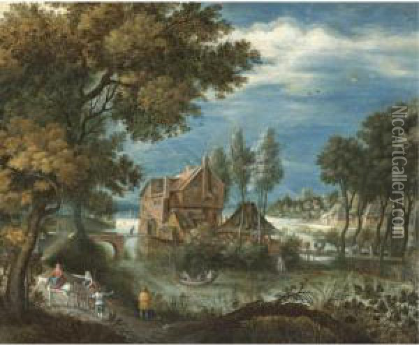 A River Landscape With A Horse And Cart, Huntsmen In A Rowing Boat Beyond Oil Painting - Adriaan van Stalbemt