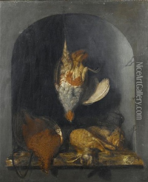 A Dead Partridge Hanging From A Nail, With A Dead Pheasant, Two Hares And Hunting Paraphernalia On A Marble Ledge Oil Painting - Cornelis van Lelienbergh