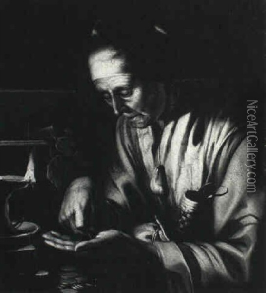 Portrait Of An Old Woman Counting Coins By Candlelight Oil Painting - Hendrick Bloemaert