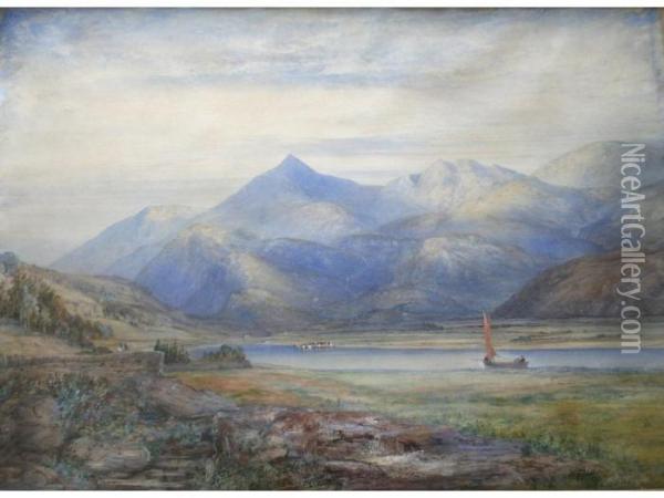 A Scene In The Lake District (?) With Figures In A Boat Oil Painting - David Hall McKewan