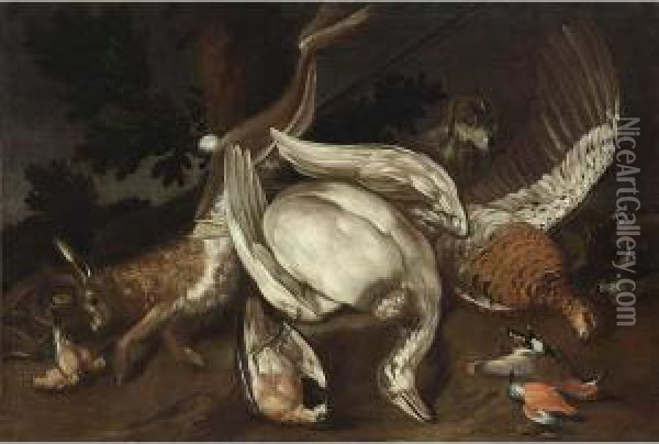 A Hunting Still Iife With A Goose, A Hare, A Pheasant And Smallbirds Oil Painting - Jacob van der (Giacomo da Castello) Kerckhoven