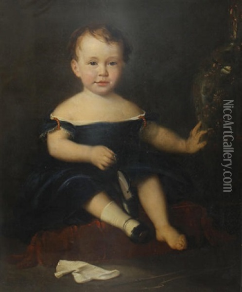 Portrait Of A Young Child In A Blue Smock, Seated On A Red Cushion Oil Painting - George Hughes