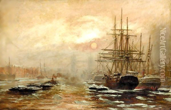 Shipping On The Thames Near Tower Bridge Oil Painting - Claude T. Stanfield Moore