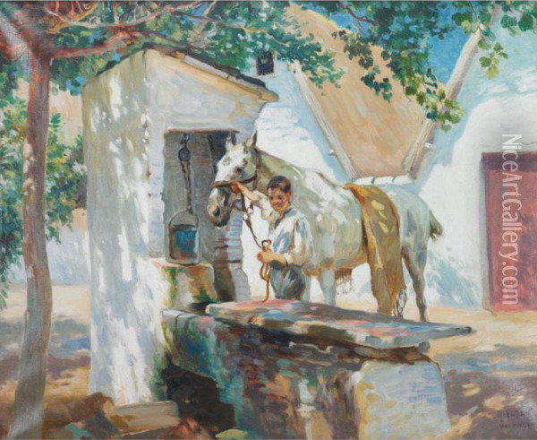 Boy And His Horse At Valencia, 1922 Oil Painting - Mathias Joseph Alten