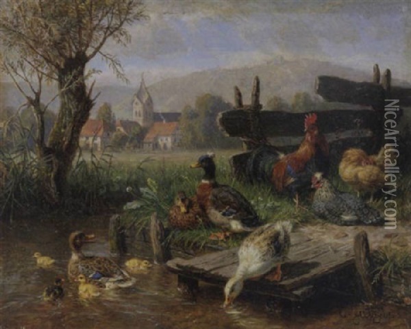 Huhner Und Enten Am Teich Oil Painting - Carl Jutz the Elder