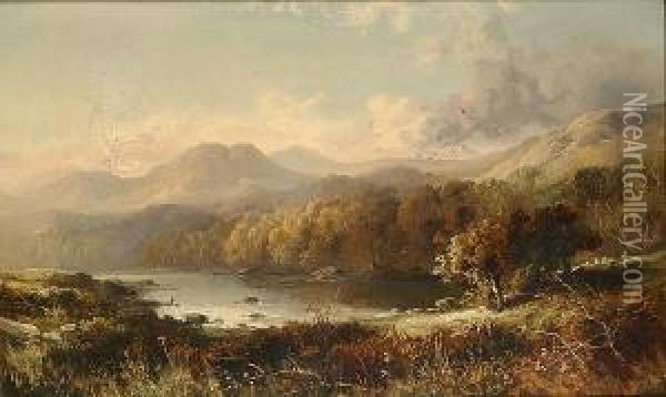 A Figure Fishing A Lake In An Extensive Country Landscape Oil Painting - Thomas, Tom Seymour