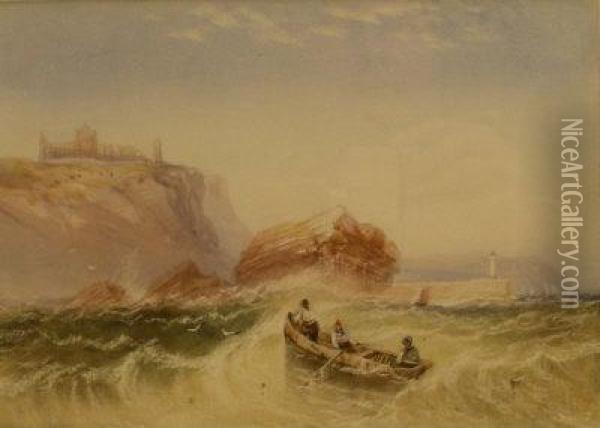Rowing Boat Off Black Rocks Whitby Oil Painting - Henry Barlow Carter