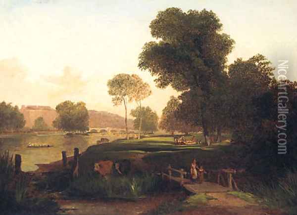 Figures in a Meadow with Richmond Bridge beyond Oil Painting - George Pettitt