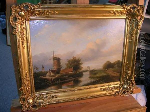 A Windmill By A River Oil Painting - Jan Jacob Coenraad Spohler