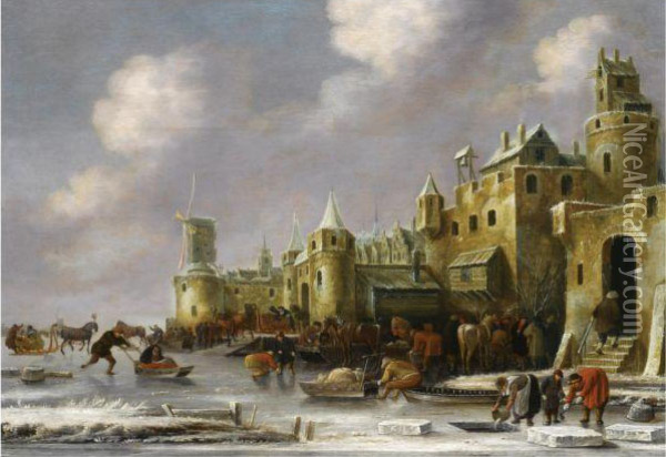 A Winter Landscape With Figures 
In Horse-drawn Sleighs Andvillagers Skating On A Frozen River Outside 
City Walls Oil Painting - Thomas Heeremans