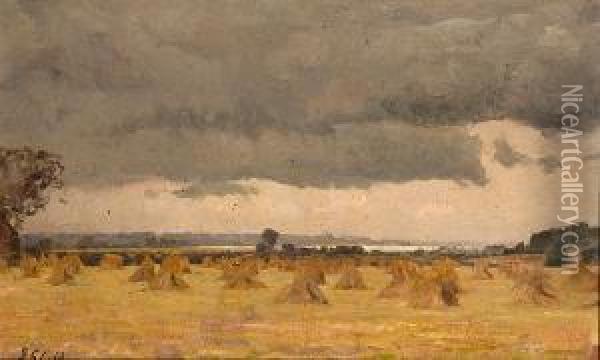 Foreboding Skies Above Corn Stooks Oil Painting - Frederick George Cotman