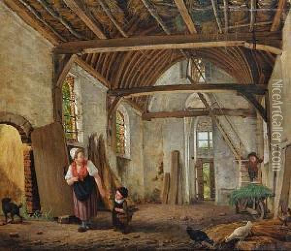 Mother And Children In A Barn Oil Painting - Pieter Christoffel Wonder