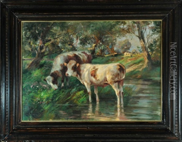 Weidende Kuhe Unter Baumen Am Wasser Oil Painting - Johann Daniel Holz