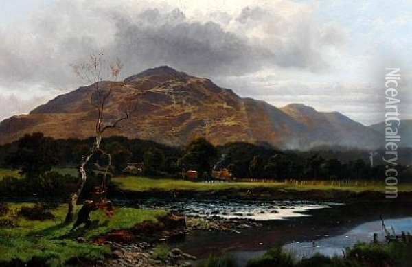 Extensive River Landscape (lake District?) With Boys Playing On A Swing By The River Bank, With Haymakers In The Distance Oil Painting - Joseph Paul Pettitt