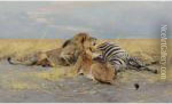 The Victim: Lions And Zebra Oil Painting - Wilhelm Kuhnert