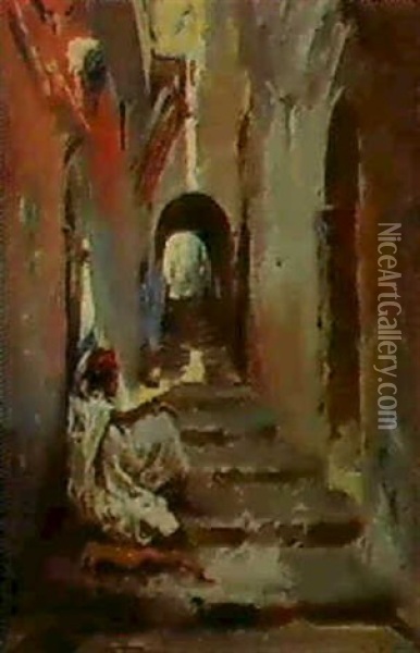 An Oriental Figure In A Shady Street Oil Painting - Jose Navarro Llorens