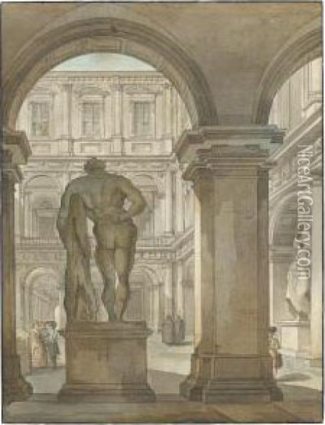 View Of The Farnese Hercules In The Portico Of The Courtyard Of Thefarnese Palace, Rome Oil Painting - Giacomo Quarenghi