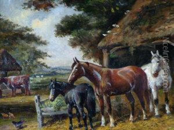 Horses, Cattle And Chickens In A Farmyard Oil Painting - Frank Scott Clark
