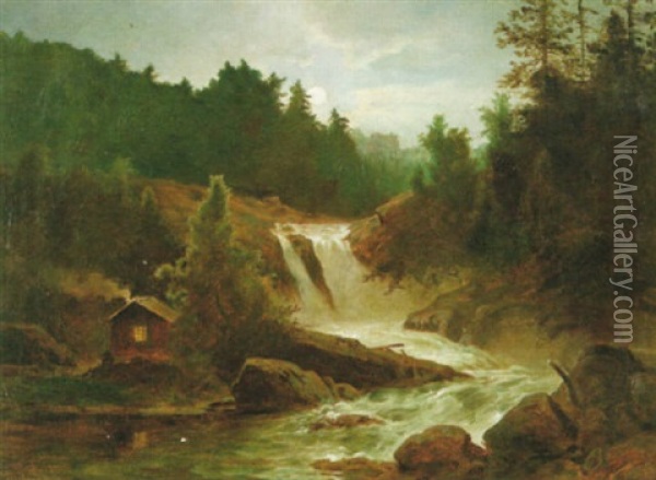 Landskap Med Vattenfall Oil Painting - Axel Wilhelm Nordgren