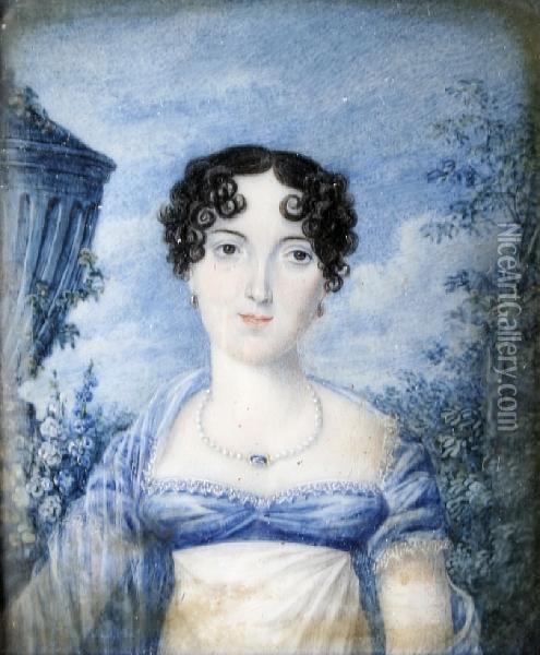 A Portrait Miniature Of A Young Lady Before A Garden Oil Painting - James Warren Childe