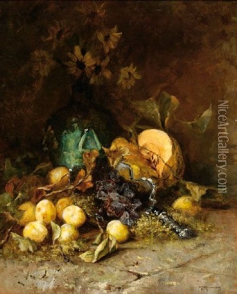 Still Life With Pomegranates And A Pumpkin Oil Painting - Marie Ravenswaaij